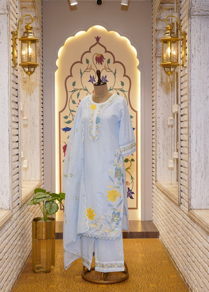 Powder Blue Check Cotton 3 pc Kurti Set