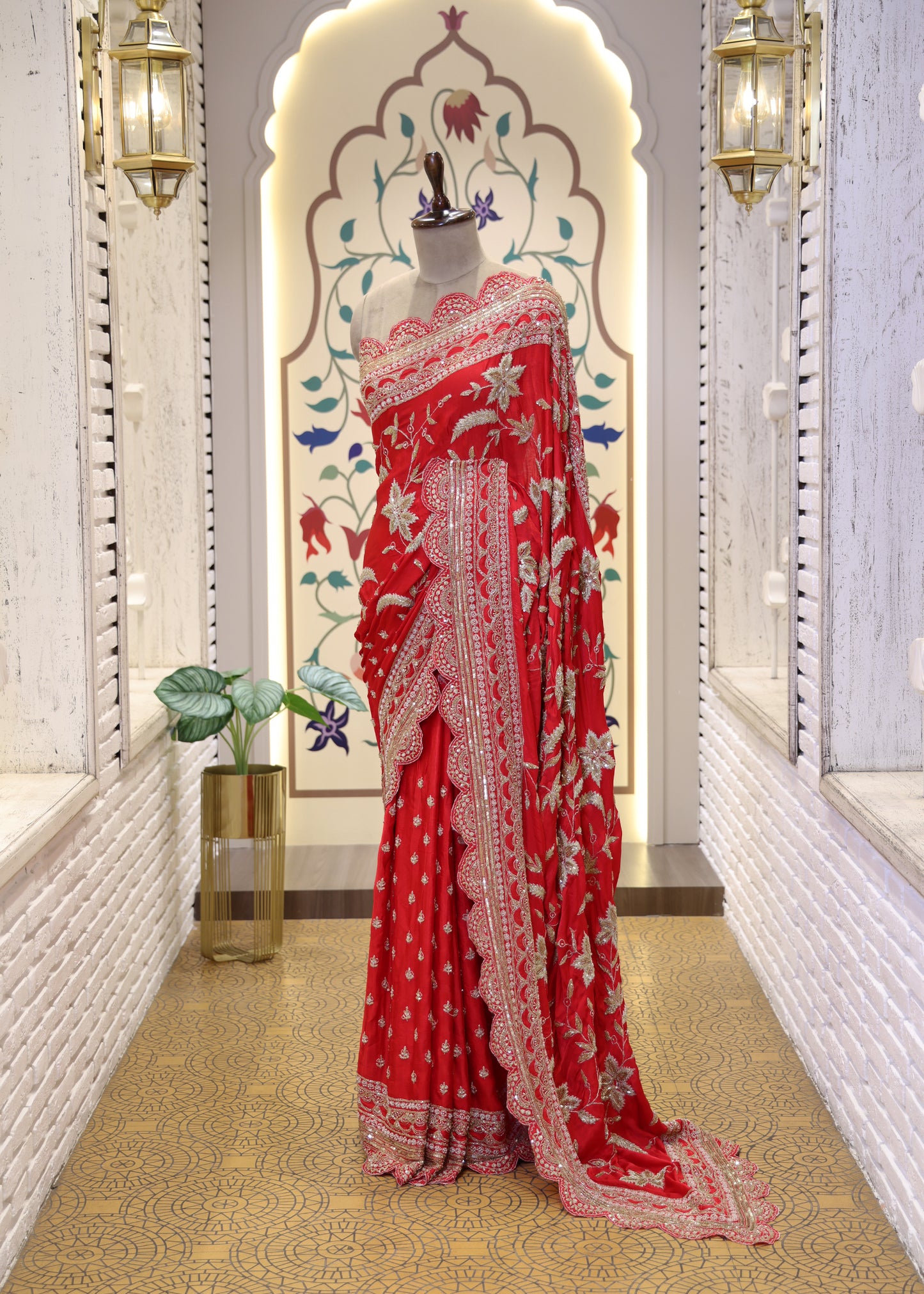 Gulzaar Red Zari & Mooti Heavy Scallop Border Saree with Unstitched Blouse