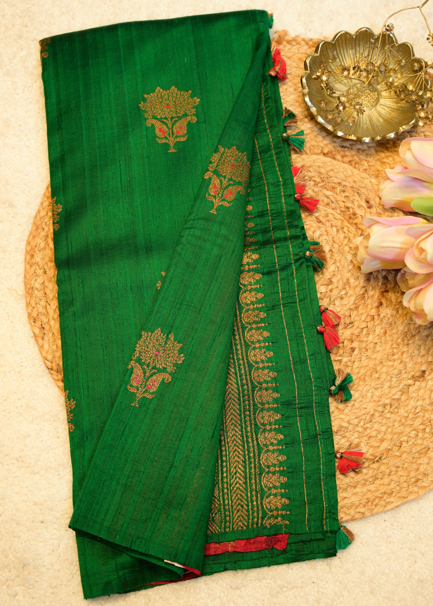 Emerald Green Raw Silk Neem Zari Boota Saree with Unstitched Blouse