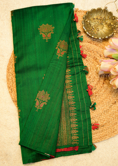 Emerald Green Raw Silk Neem Zari Boota Saree with Unstitched Blouse