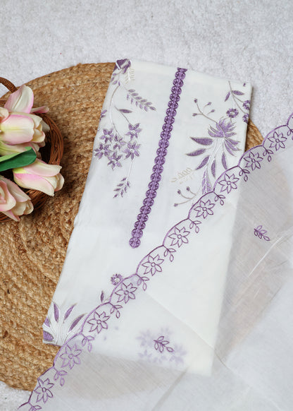 Pearl White & Purple Floral Unstitched Suit Set