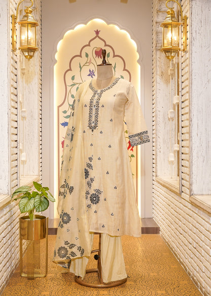 Beige A Line Thread Embroidered 3 pc Kurti Set