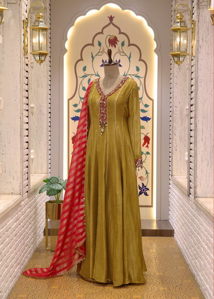 Green & Red Anarkali Suit Set with Dupatta