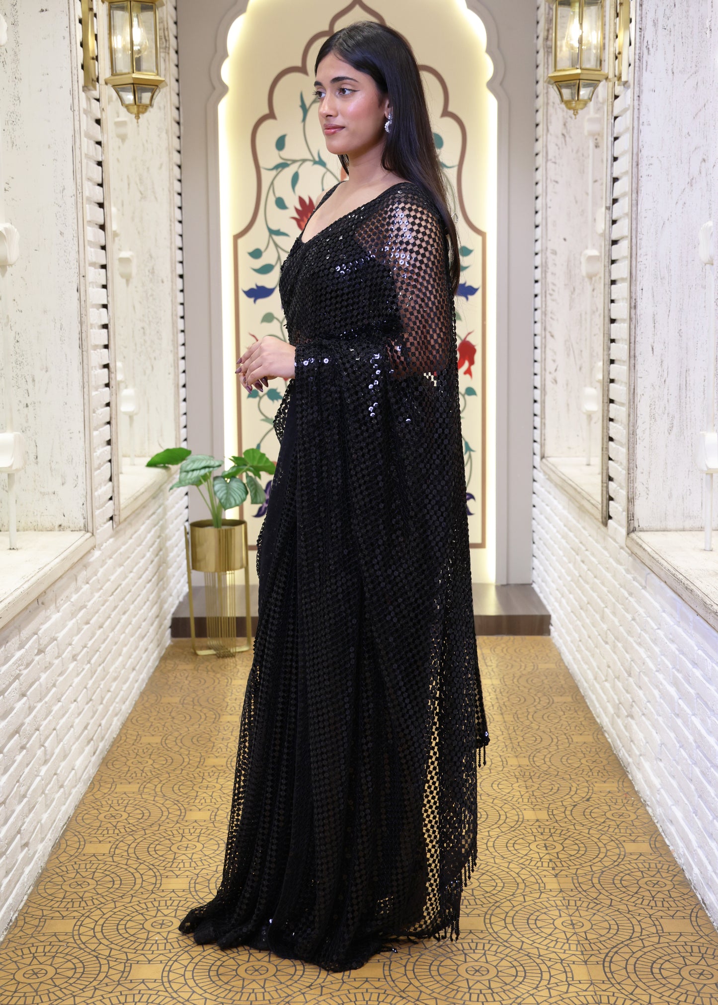 Black Designer Pallu Saree with Hand Embroidered Pletes and Stitched Blouse