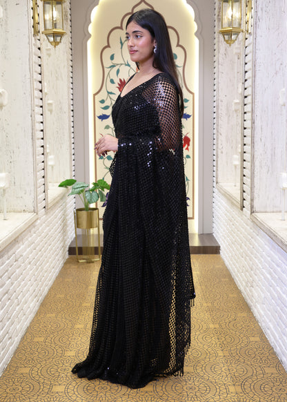 Black Designer Pallu Saree with Hand Embroidered Pletes and Stitched Blouse
