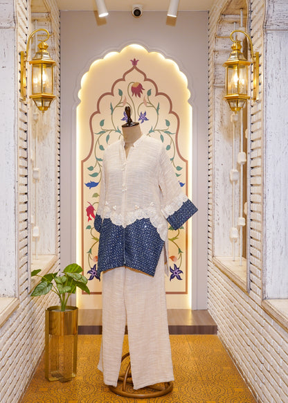 Ivory & Blue Cotton Jute Co-ord Set with Shells & Thread Embroidery