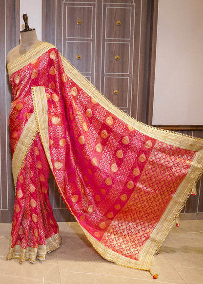 Rani Tissue Weaving Saree with Gota Lace and Unstitched Blouse