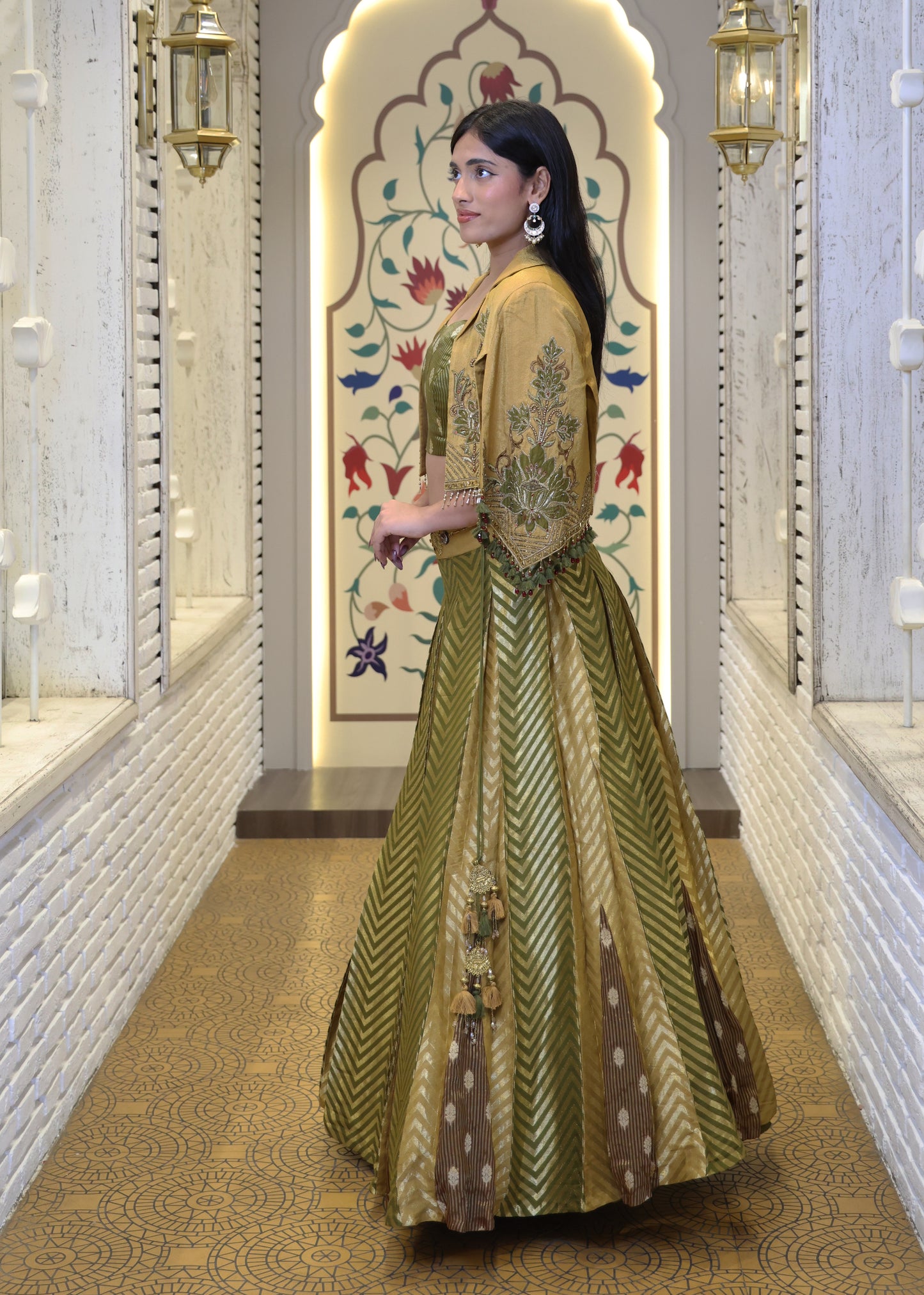 Alina Green Short Jacket Style Lehenga