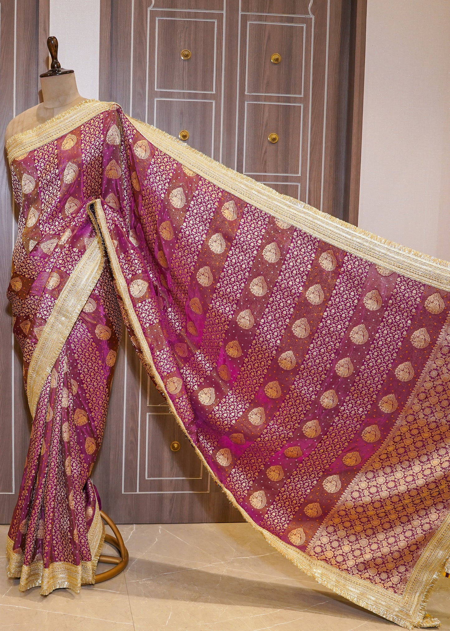 Wine Tissue Weaving Saree with Gota Lace and Unstitched Blouse