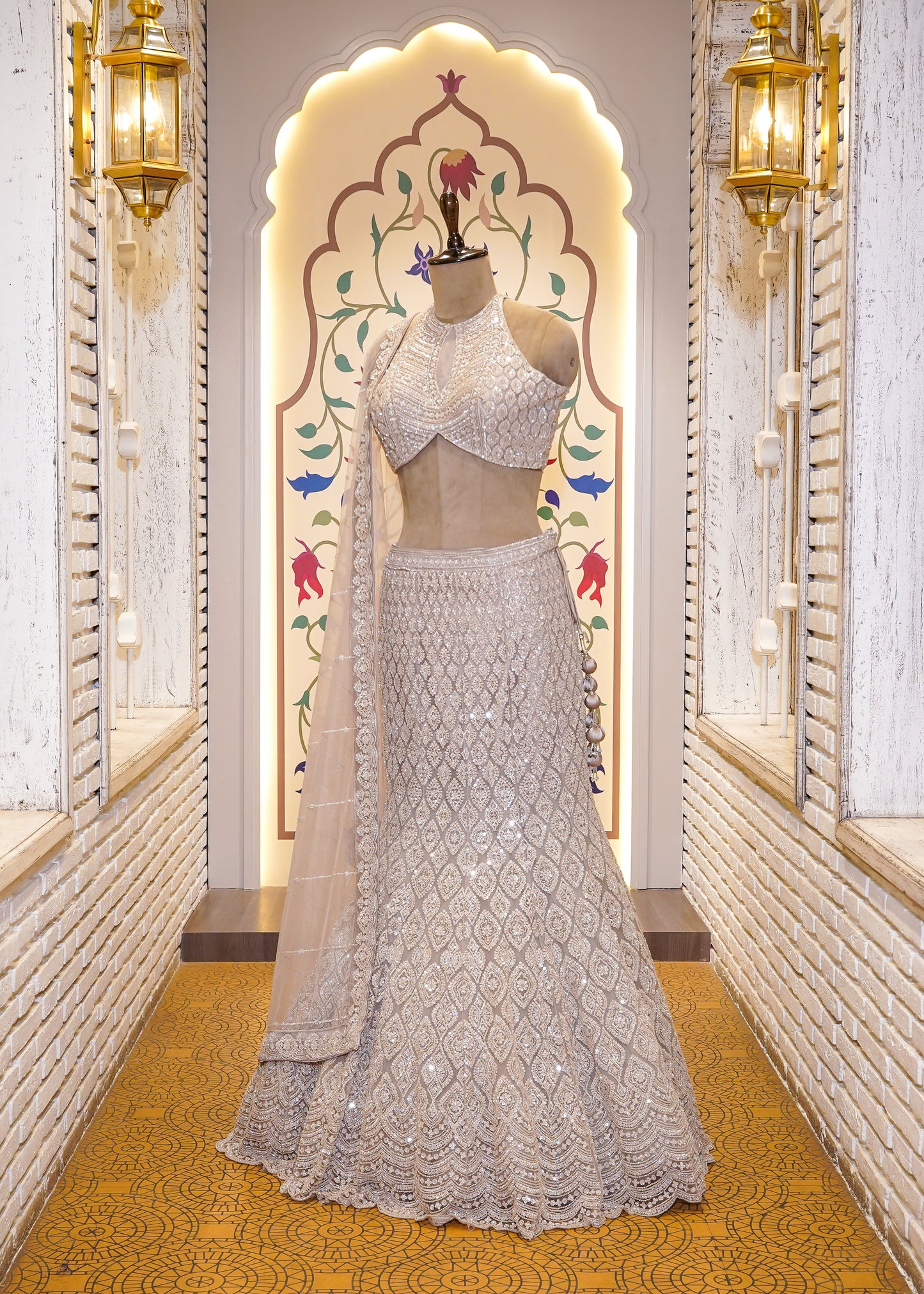 Metallic Silver Bead Embroidered Crop Top Fish-cut Skirt Set