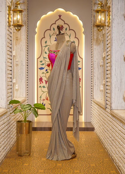 Beige Drape Saree with Rani Brocade Silk Corset Top