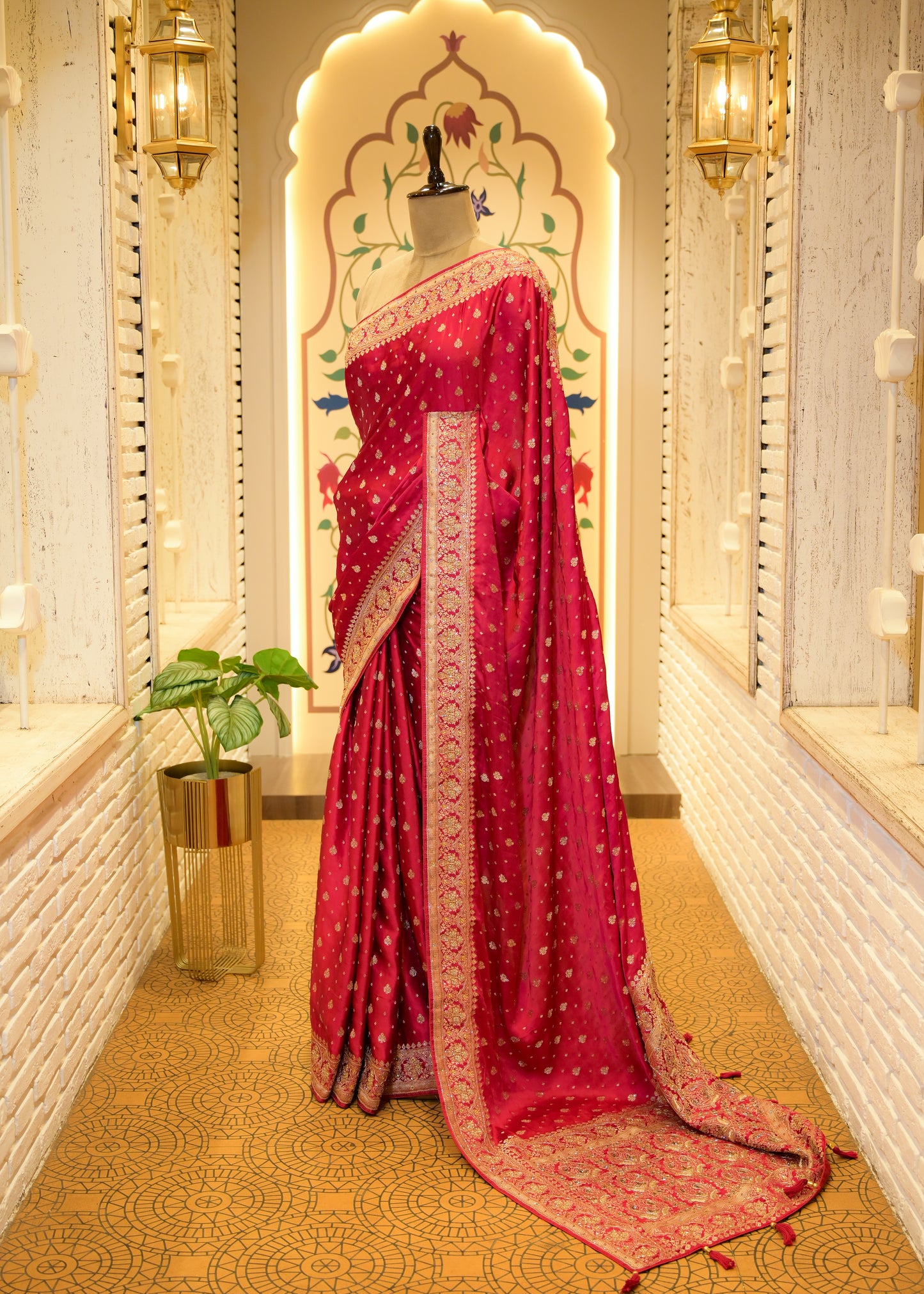 Pankhuri Booti Ruby Red Saree with Unstitched Blouse