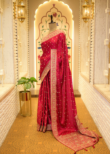 Pankhuri Booti Ruby Red Saree with Unstitched Blouse