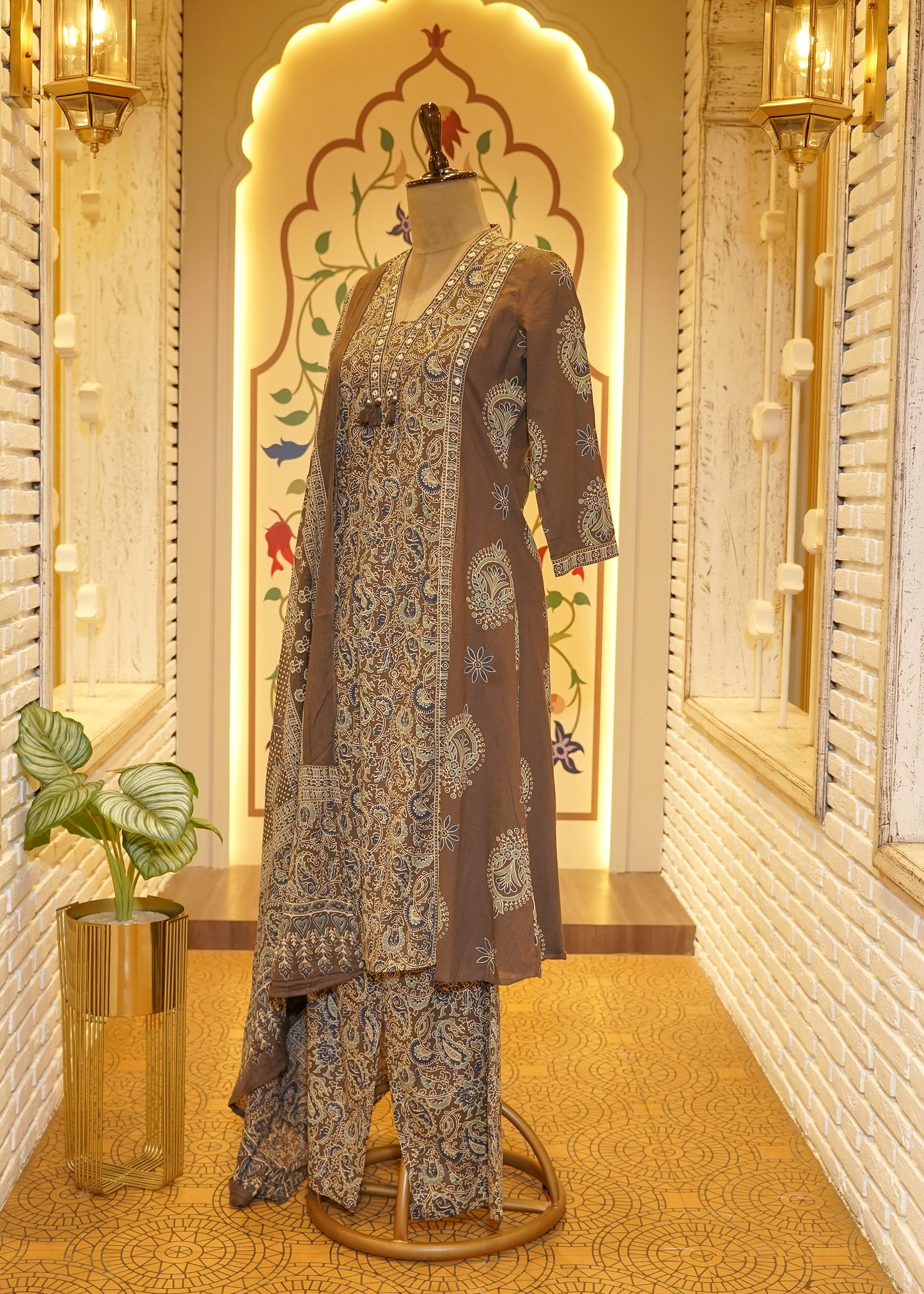 Saanjh Mirror Neckline Brown Stitched Suit Set
