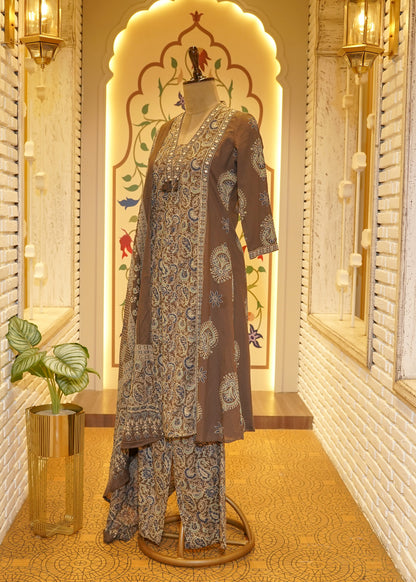 Saanjh Mirror Neckline Brown Stitched Suit Set