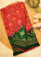 Green & Red Bhandhani Gajji Contrasting Saree with Unstitched Blouse