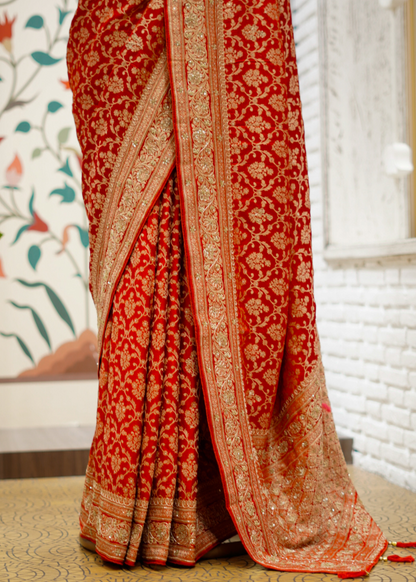 Nazini Red Satin Silk Jaal Saree with Unstitched Blouse