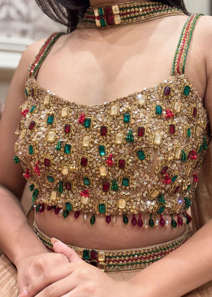 Tissue Golden Gemstone Crop Top Lehenga with Dupatta