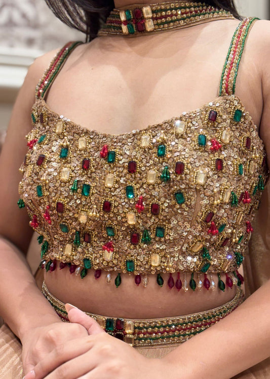 Tissue Golden Gemstone Crop Top Lehenga with Dupatta