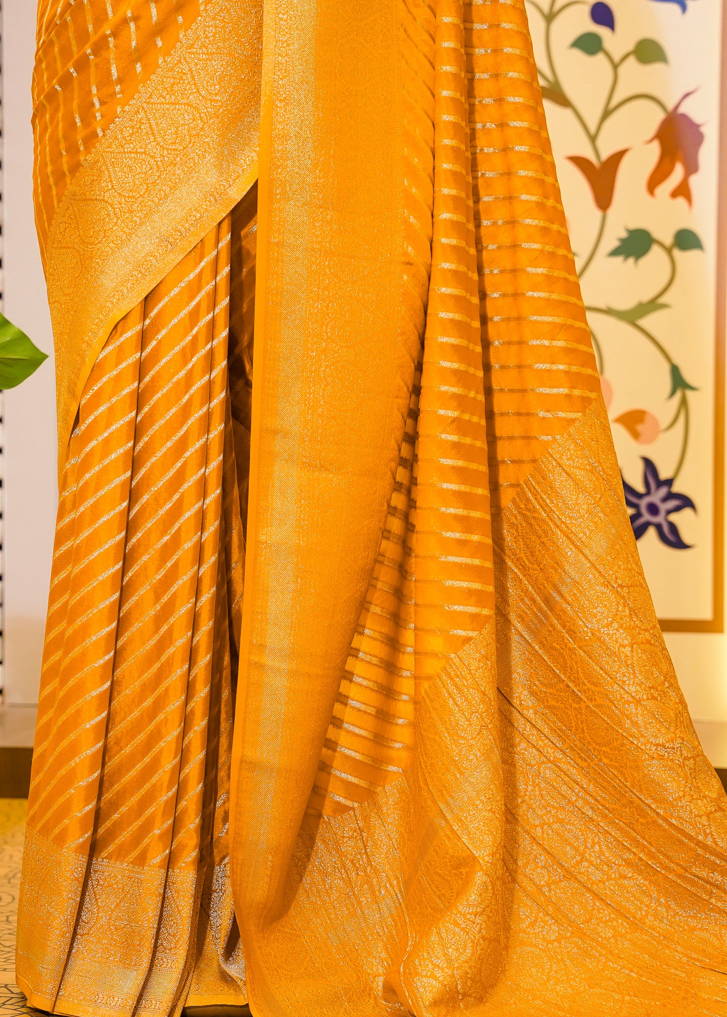 Yellow Chinon Leheriya Saree