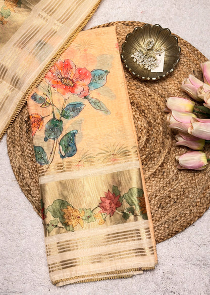 Peach Chanderi Floral Printed Unstitched Suit Set