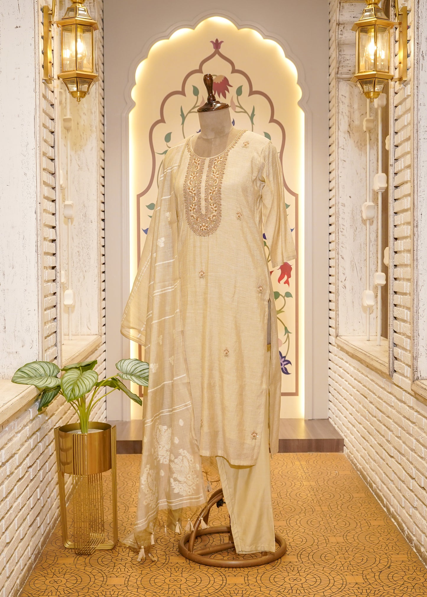 Beige Cotton Thread Embroidered 3 pc Kurti Set