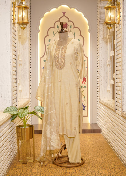 Beige Cotton Thread Embroidered 3 pc Kurti Set