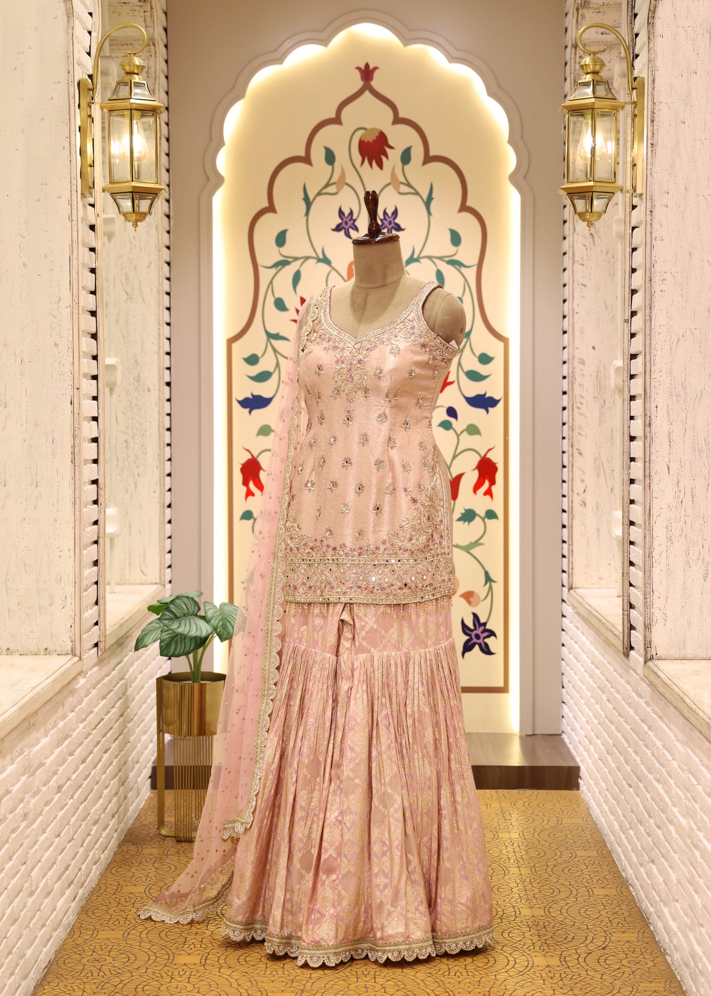 Moti Pearl Pink Short Kurti Sharara Set