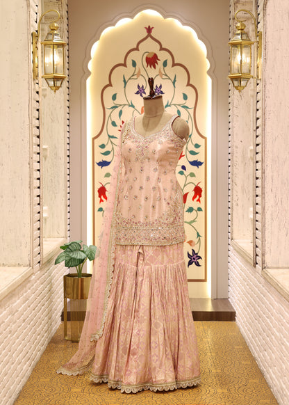 Moti Pearl Pink Short Kurti Sharara Set