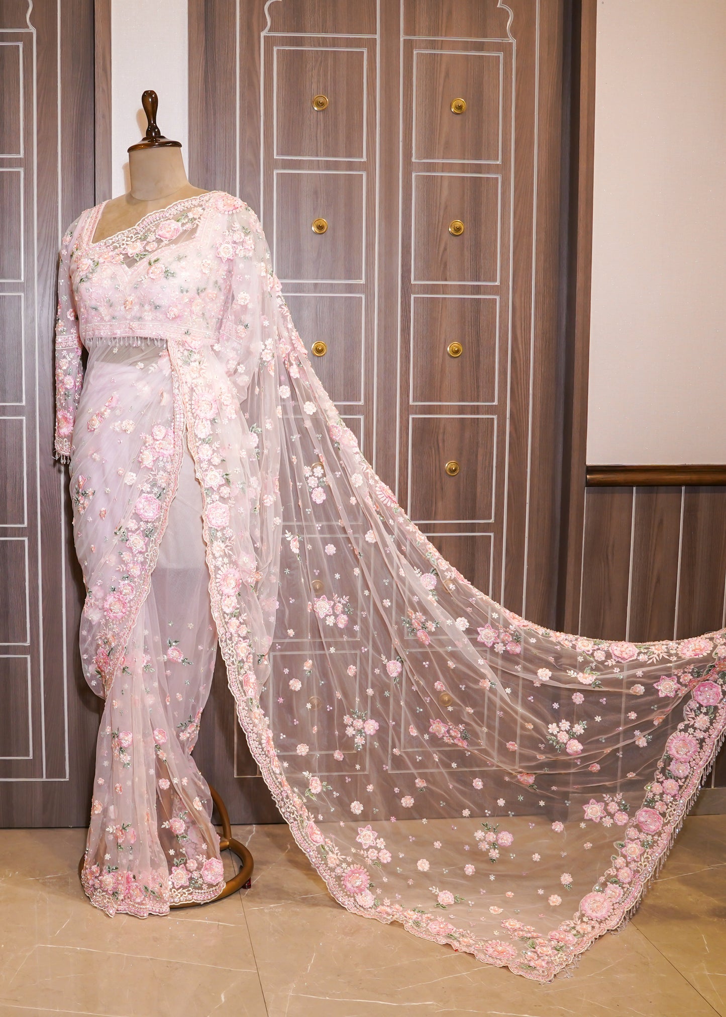 Pink Floral Embroidered Net Saree with Stitched Blouse