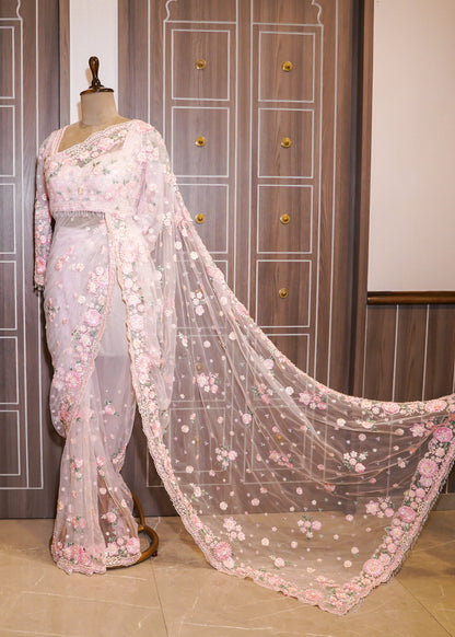 Pink Floral Embroidered Net Saree with Stitched Blouse
