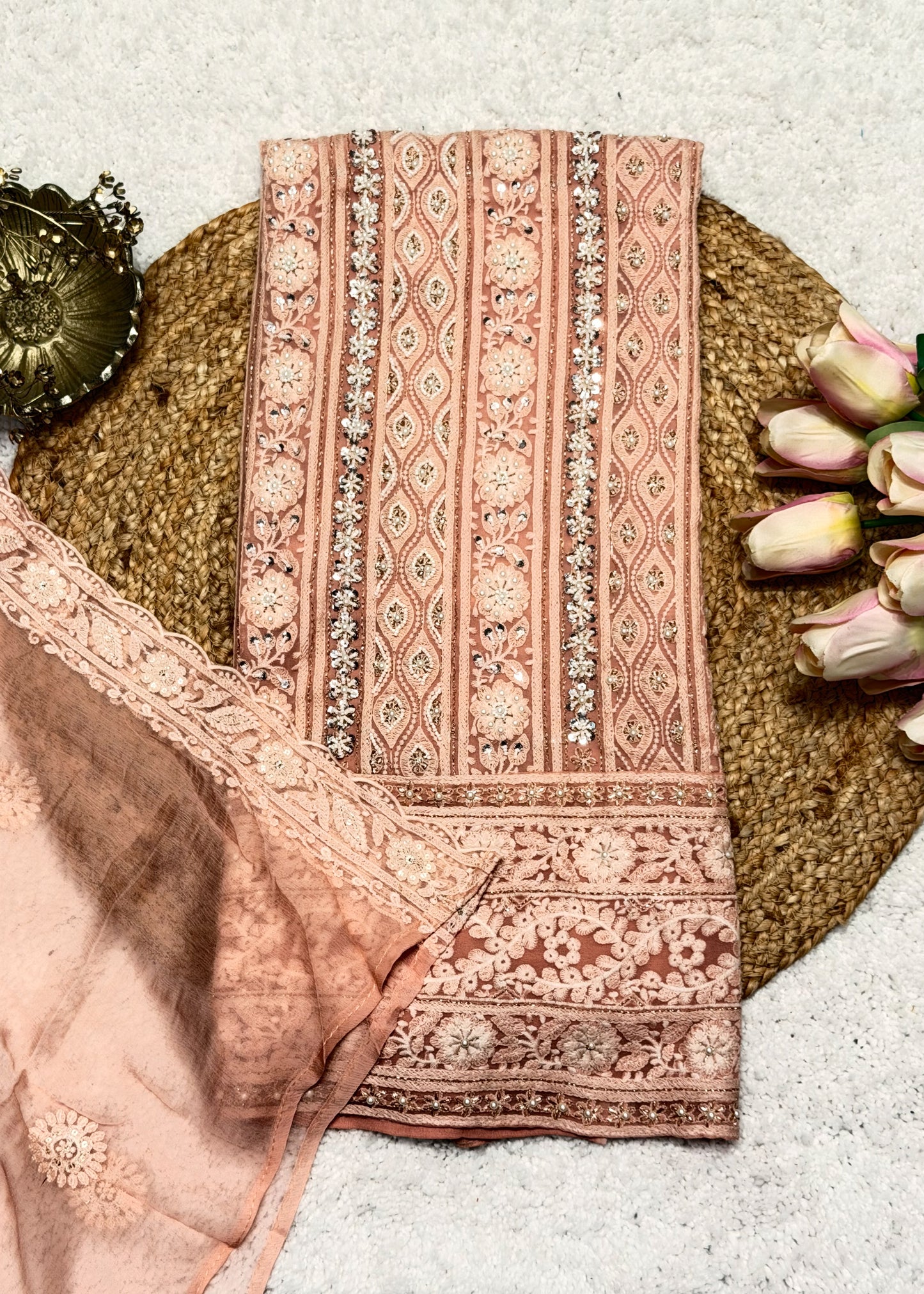 Heer Peach Chikankari with Moti Embroidered Suit Set