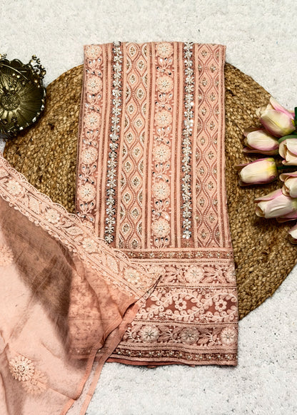 Heer Peach Chikankari with Moti Embroidered Suit Set