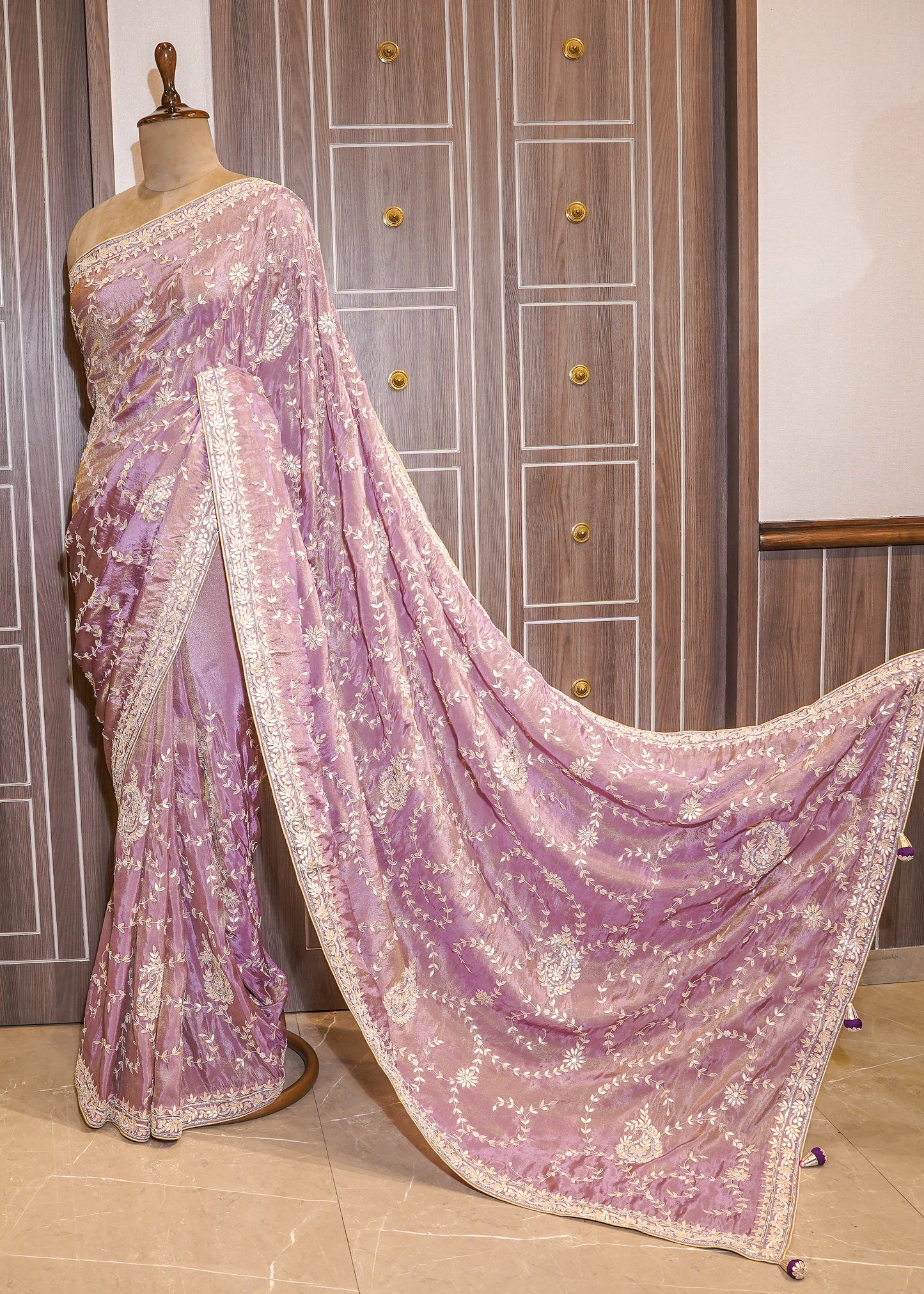 Lavender Hand Embroidered Gota Pati Saree with Unstitched Wine Blouse