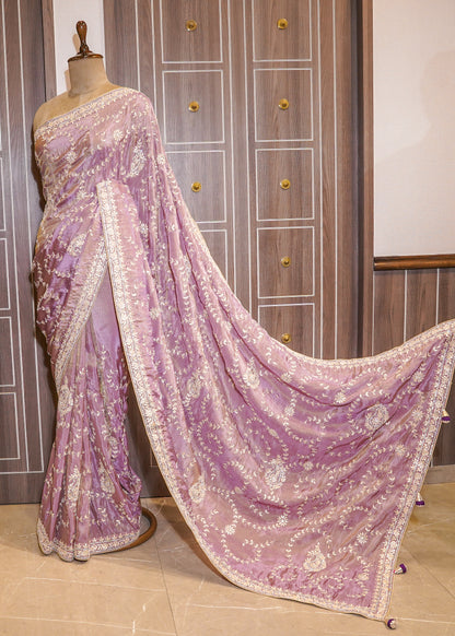 Lavender Hand Embroidered Gota Pati Saree with Unstitched Wine Blouse
