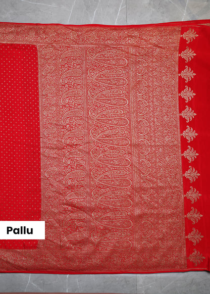 Tarini Red Banarasi Pure Crepe Saree with Unstitched Blouse