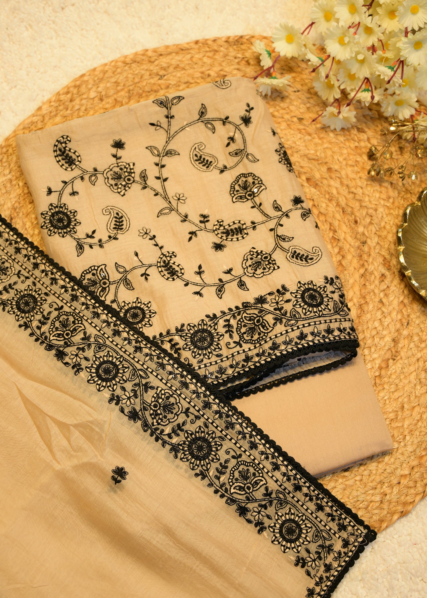 Zuri Black Aari Work Embroidered Unstitched Suit Set