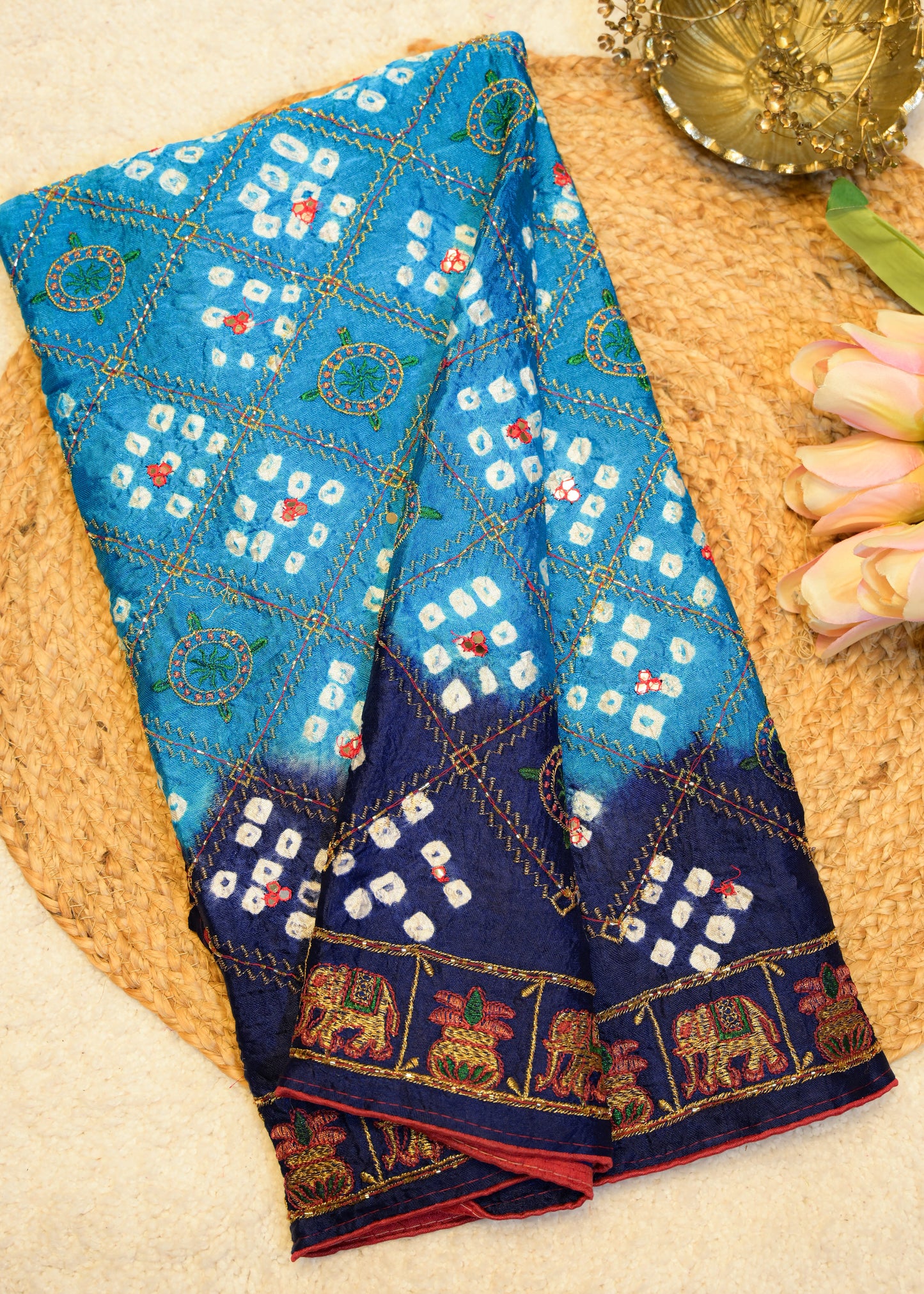 Blue & Purple Bhandhani Gajji Contrasting Saree with Unstitched Blouse