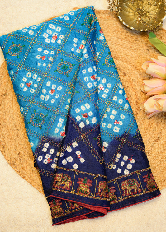 Blue & Purple Bhandhani Gajji Contrasting Saree with Unstitched Blouse
