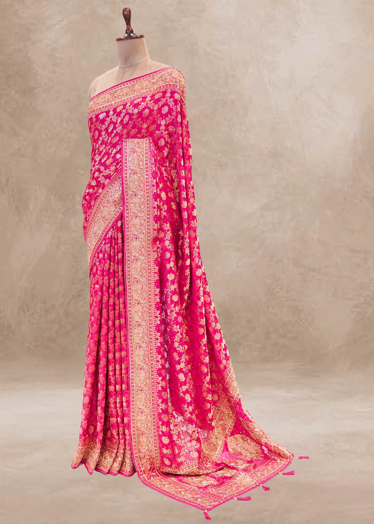 Rani Hand Embroidered Dola Silk Saree with Elephant Motifs and Unstitched Blouse