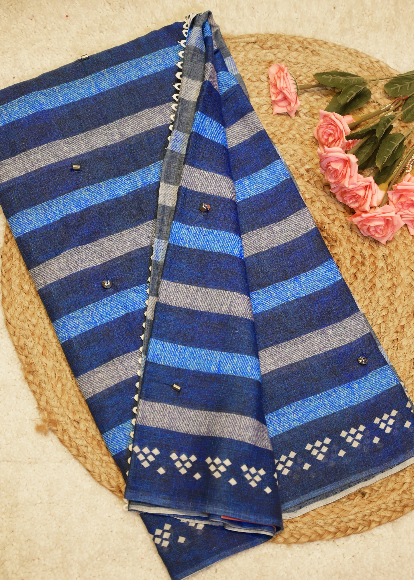 Aditee Navy Blue Cotton Saree with Unstitched Blouse