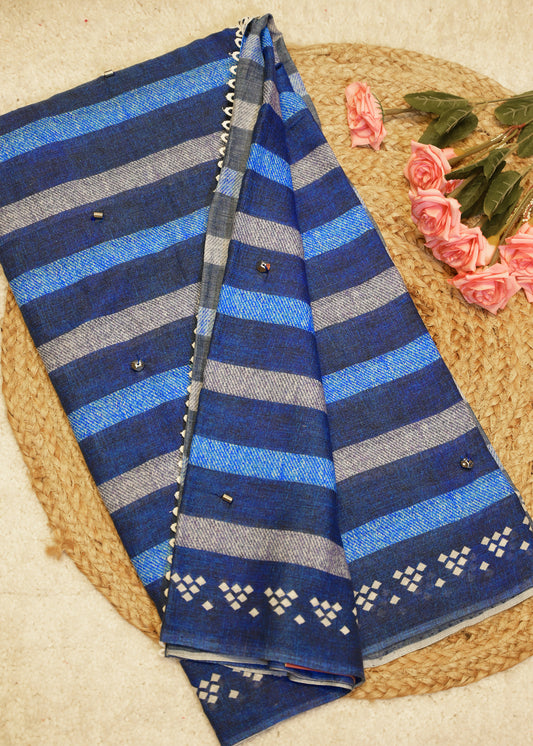 Aditee Navy Blue Cotton Saree with Unstitched Blouse