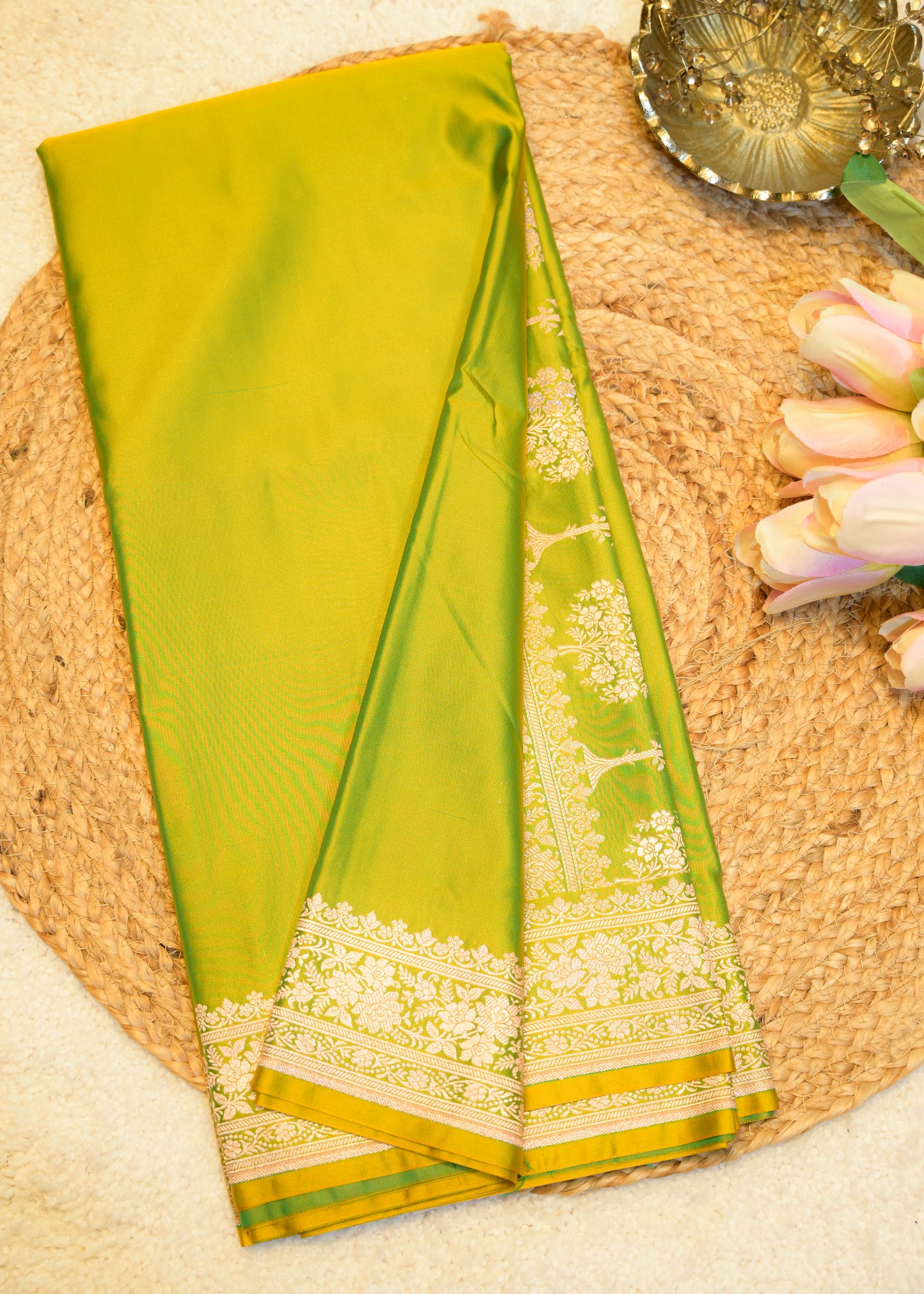 Lime Green Banarasi Kattan Silk Zari Border with Unstitched Blouse