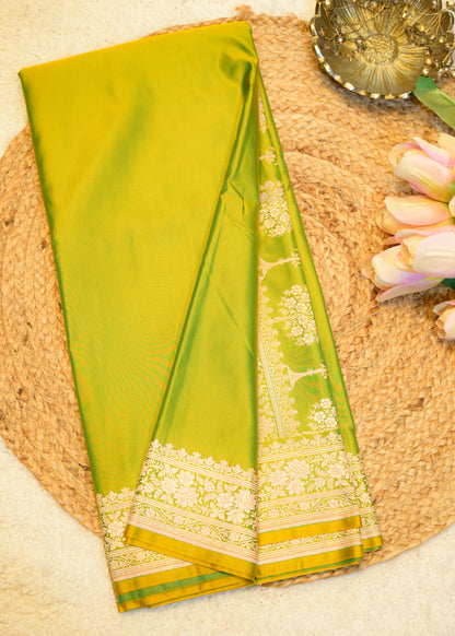 Lime Green Banarasi Kattan Silk Zari Border with Unstitched Blouse