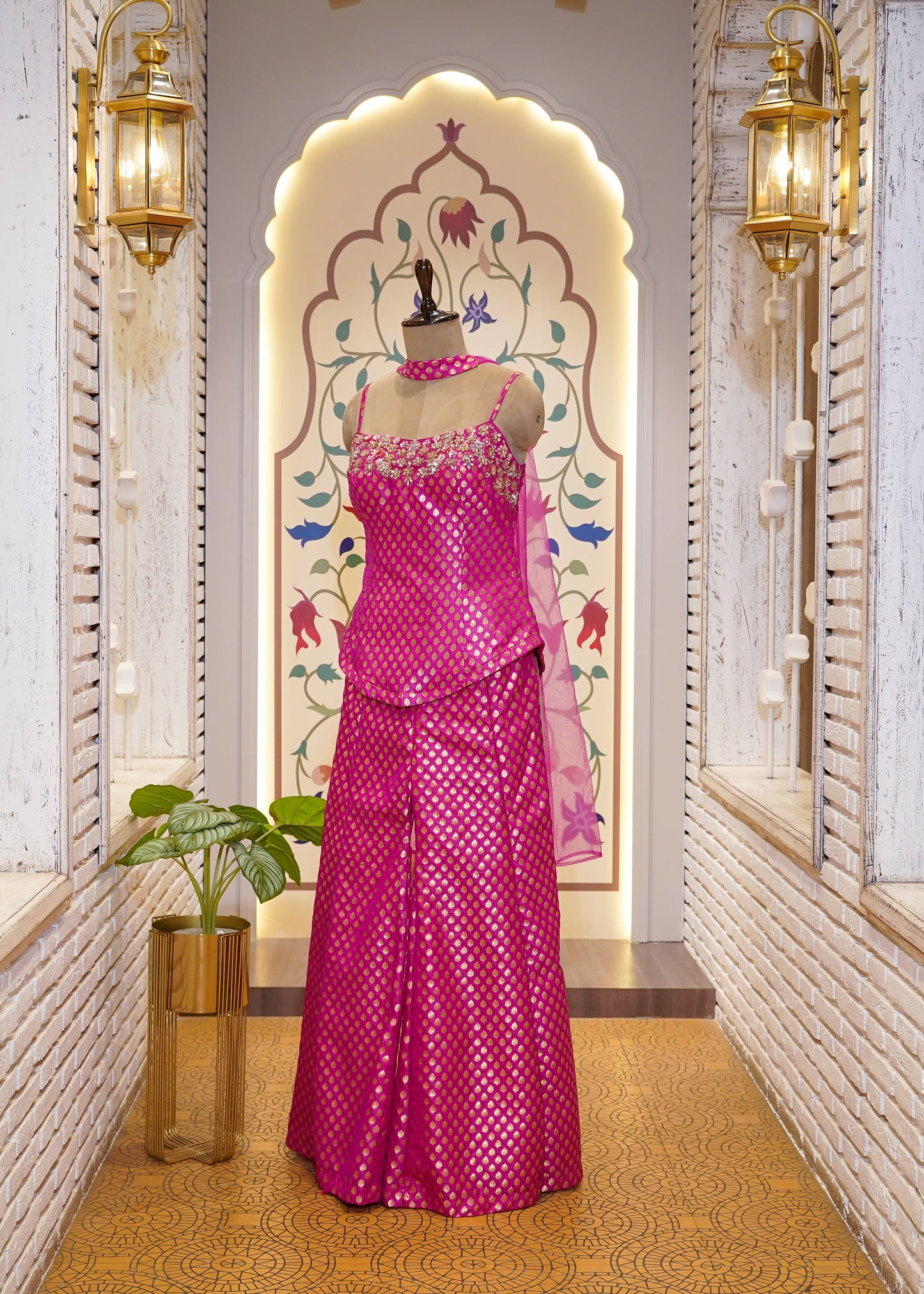 Hot pink Brocade Silk Hand Embroidered Peplum & Plazo Set with Choker Dupatta