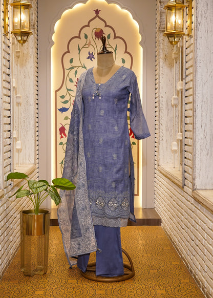 Blue Cotton Printed 3 pc Kurti set