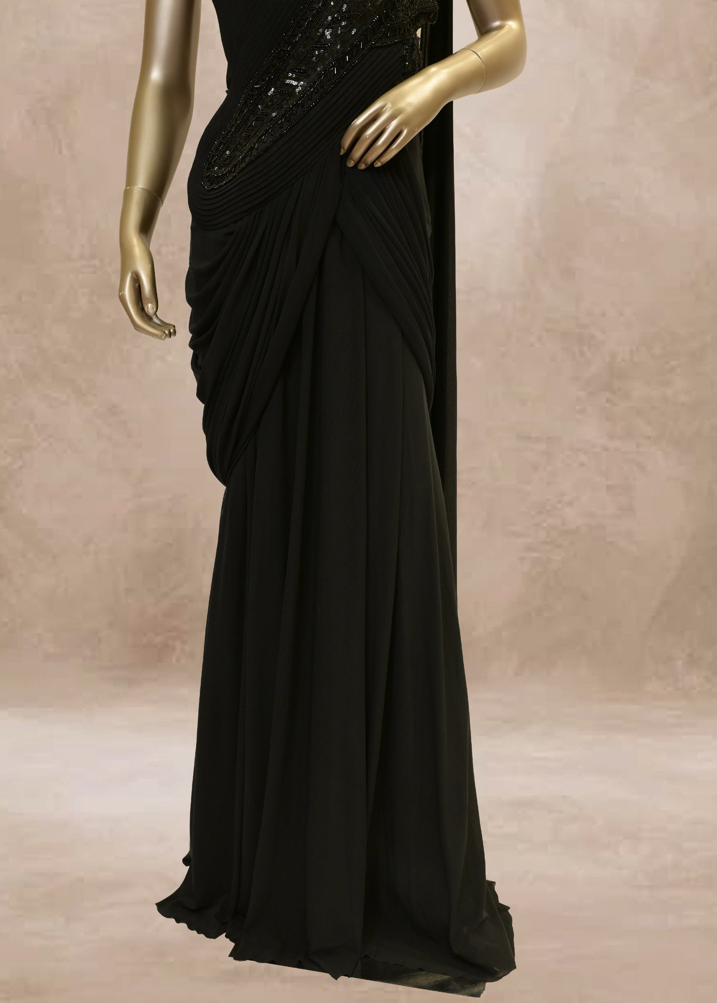 Black Sequins Embroidered Drape Style Gown