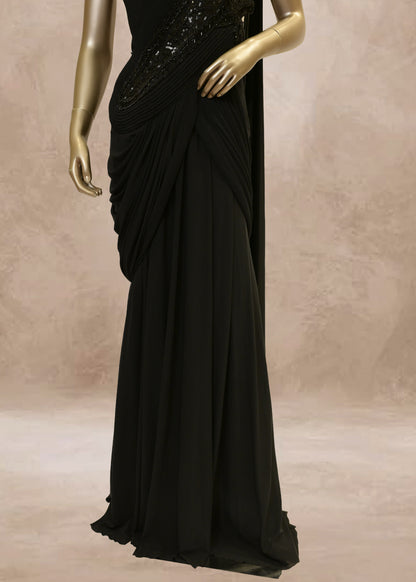 Black Sequins Embroidered Drape Style Gown