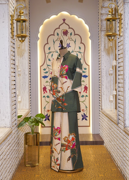 Ivory & Green Crush Cotton Printed Co-ord Set with Collars