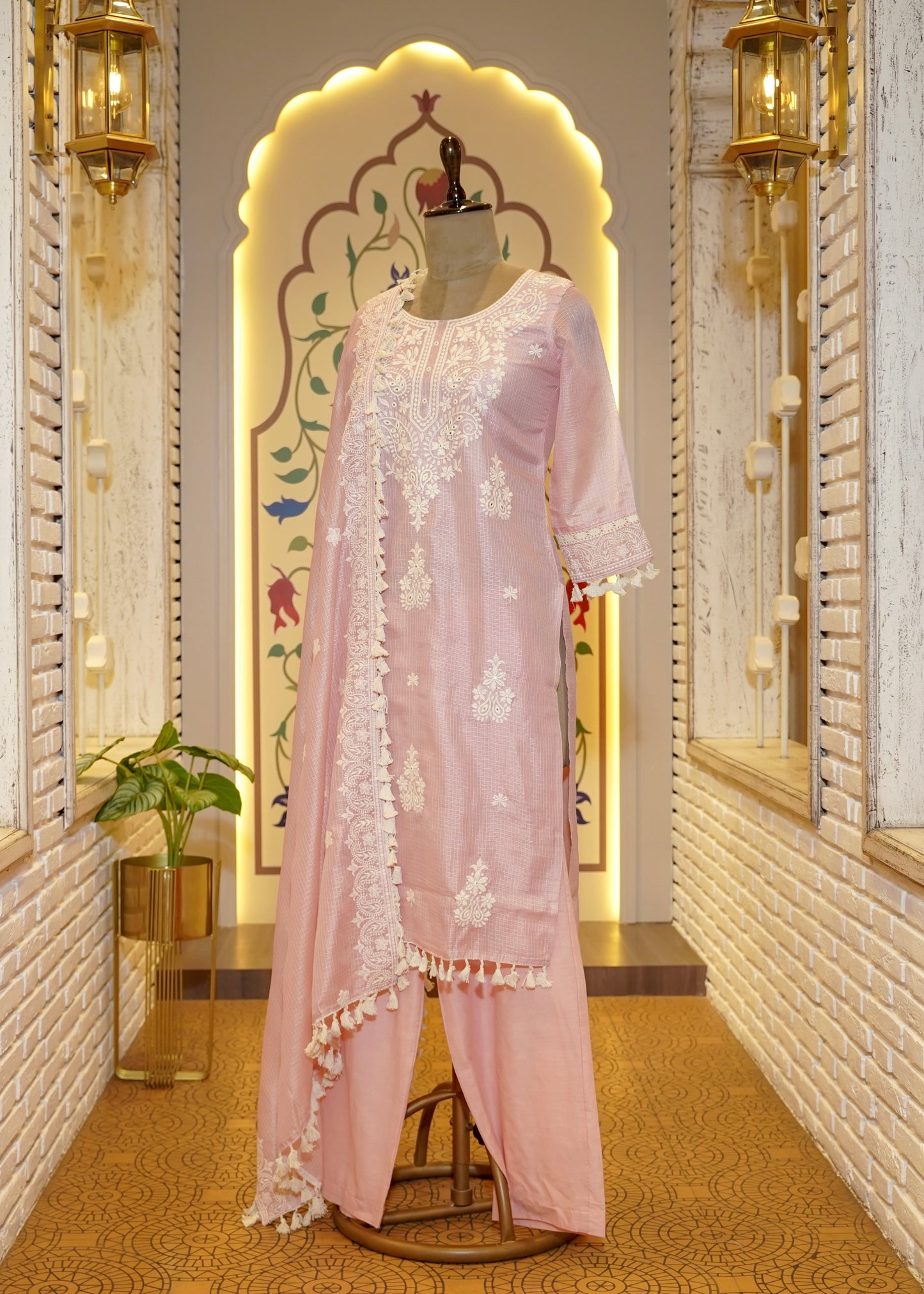 Anamika Pink & White Tassel Border Stitched Suit Set